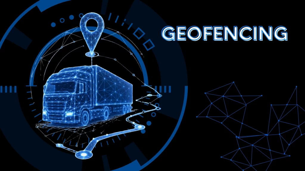 Niebieska, futurystyczna grafika przedstawiająca holograficzną ciężarówkę w obrębie cyfrowej geostrefy, z ikoną lokalizacji, linią trasy oraz napisem „Geofencing” na czarnym tle.