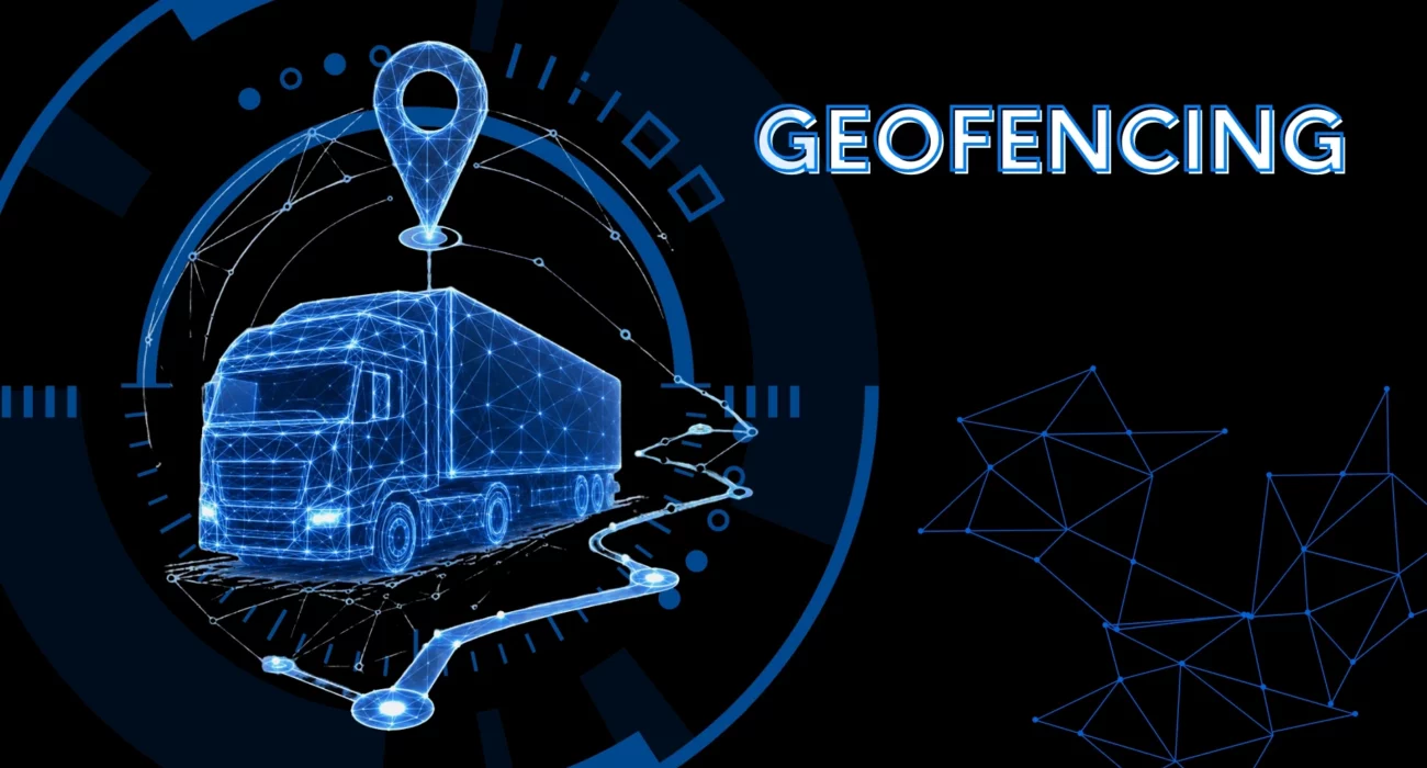 Niebieska, futurystyczna grafika przedstawiająca holograficzną ciężarówkę w obrębie cyfrowej geostrefy, z ikoną lokalizacji, linią trasy oraz napisem „Geofencing” na czarnym tle.