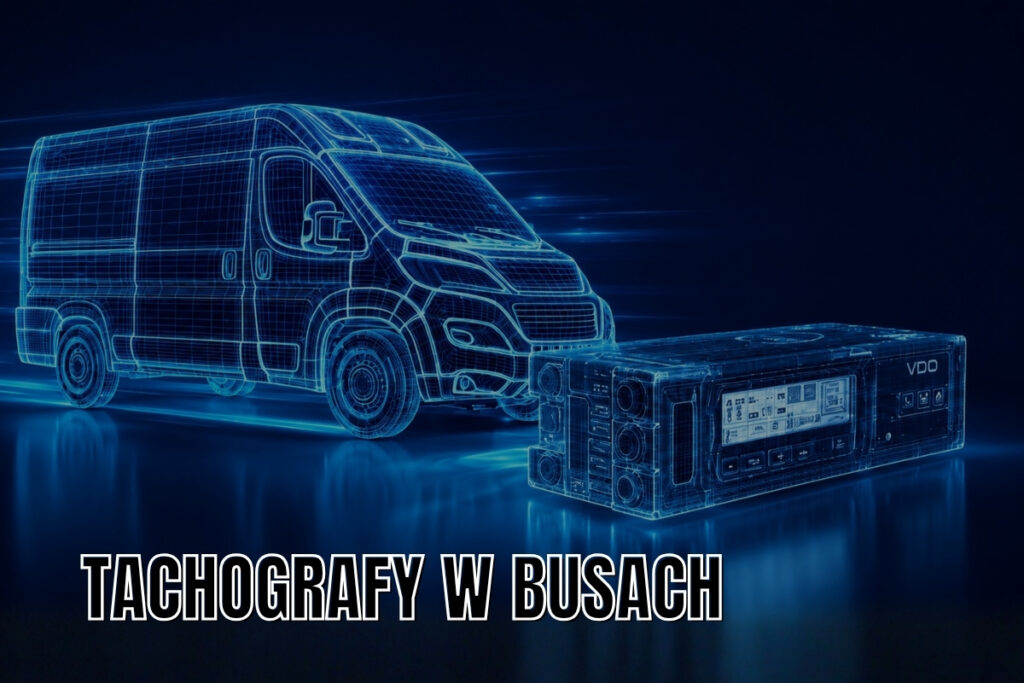 Niebieska wizualizacja busa dostawczego i tachografu VDO z napisem „Tachografy w busach”.