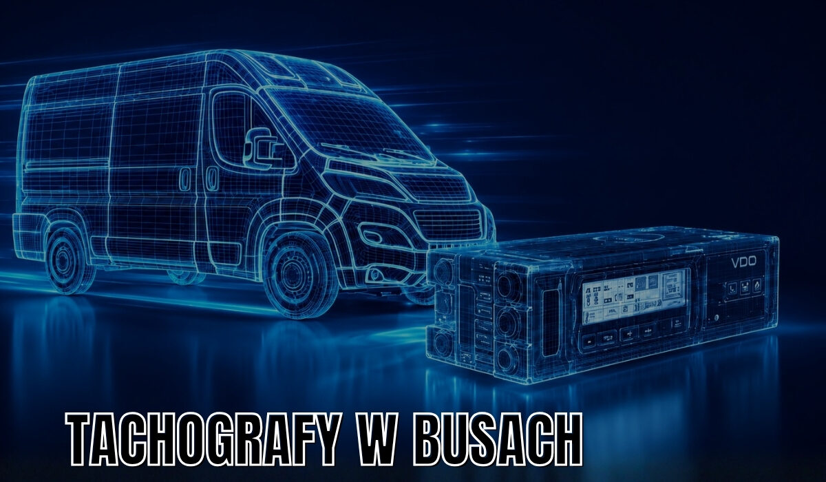 Niebieska wizualizacja busa dostawczego i tachografu VDO z napisem „Tachografy w busach”.
