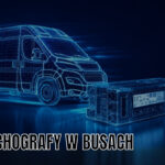 Niebieska wizualizacja busa dostawczego i tachografu VDO z napisem „Tachografy w busach”.