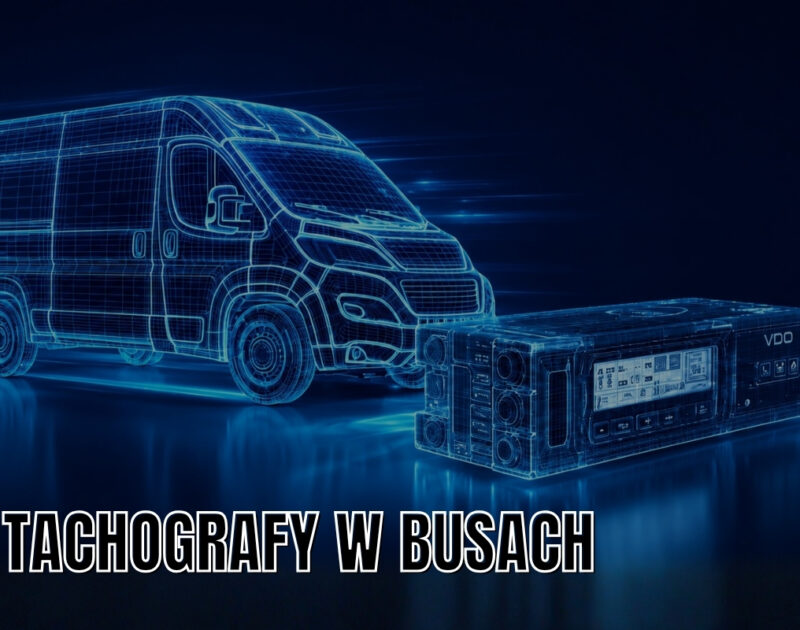Niebieska wizualizacja busa dostawczego i tachografu VDO z napisem „Tachografy w busach”.