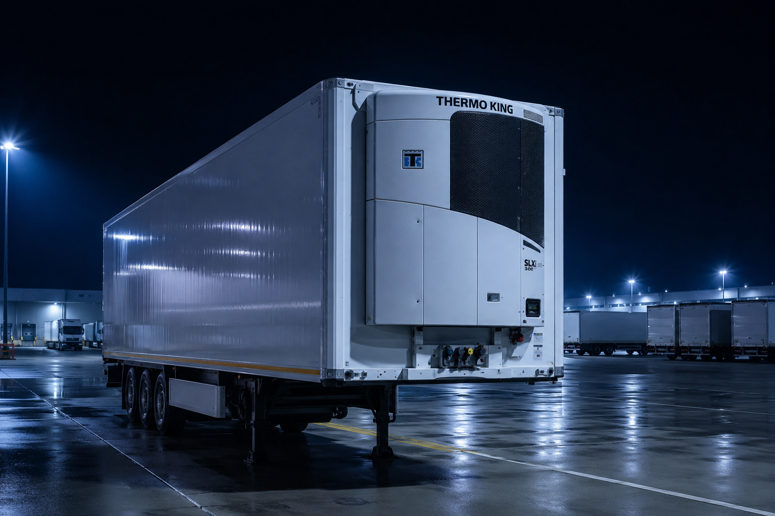 Naczepa chłodnicza z agregatem czołowym stojąca nocą na oświetlonej bazie transportowej.