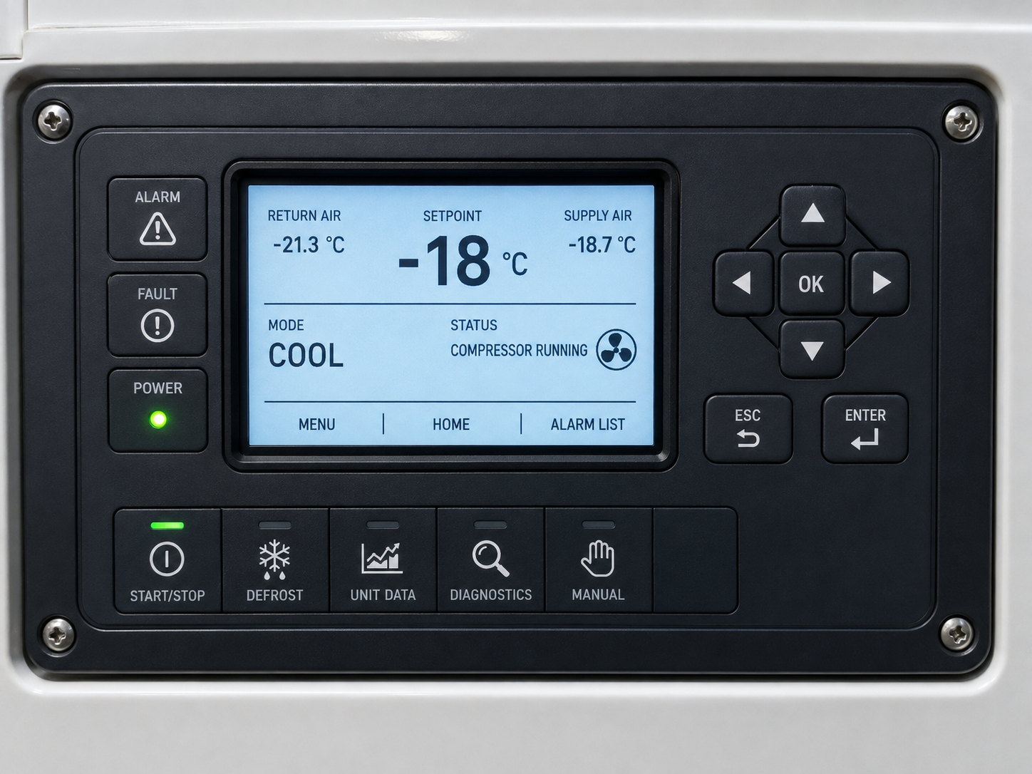 Panel sterownika agregatu chłodniczego z ustawioną temperaturą -18°C i aktywnym trybem chłodzenia.