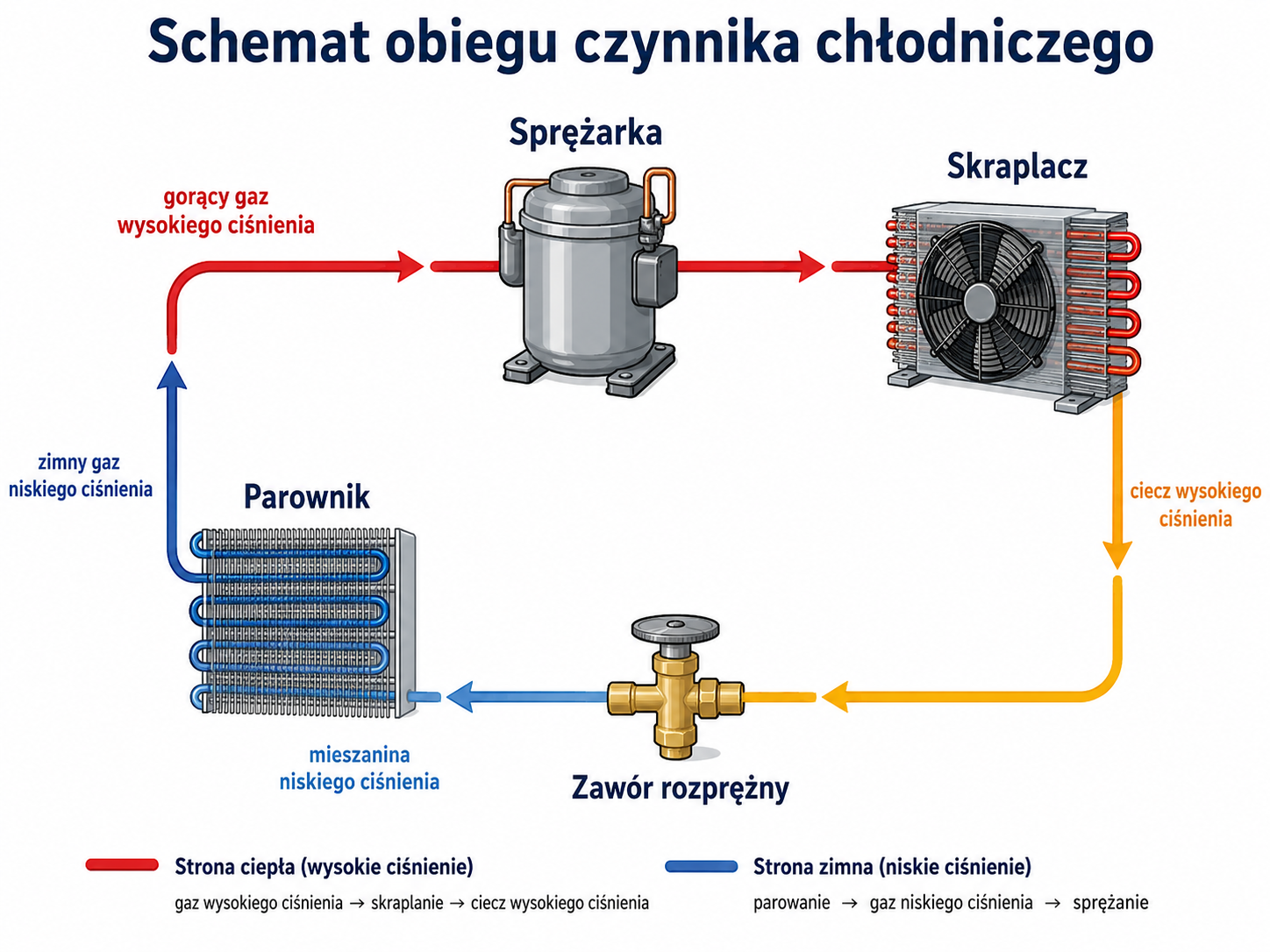 Schemat obiegu czynnika chłodniczego pokazujący sprężarkę, skraplacz, zawór rozprężny i parownik oraz kierunek przepływu czynnika.