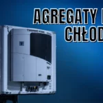 Naczepa chłodnicza z agregatem czołowym na niebieskim tle i napisem „Agregaty do chłodni”.