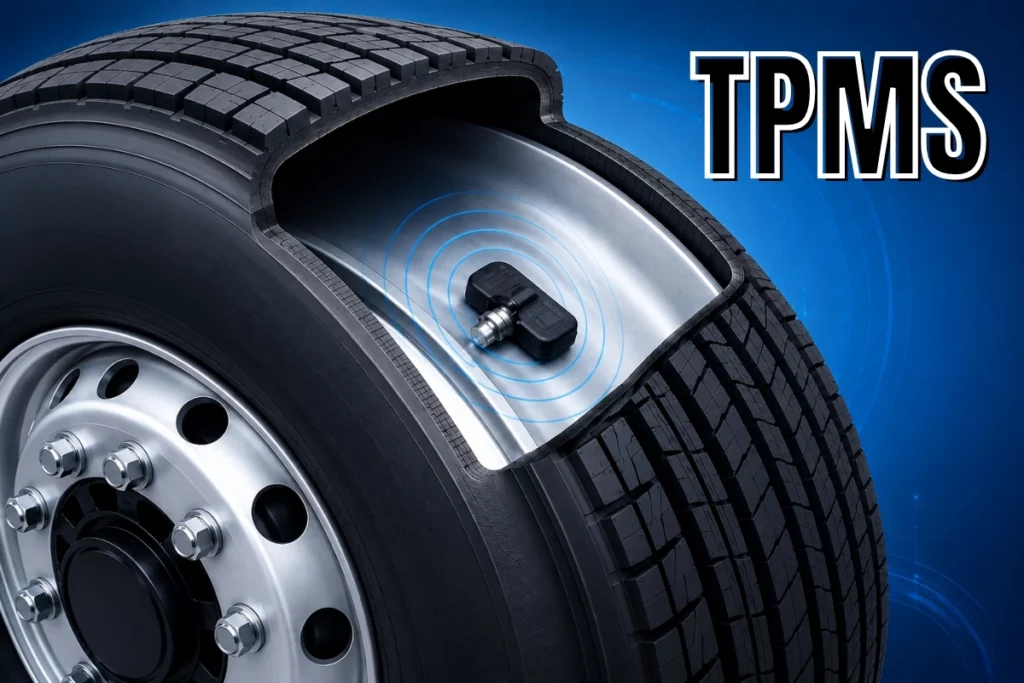 Przekrój opony ciężarowej z wewnętrznym czujnikiem TPMS monitorującym ciśnienie w oponie.