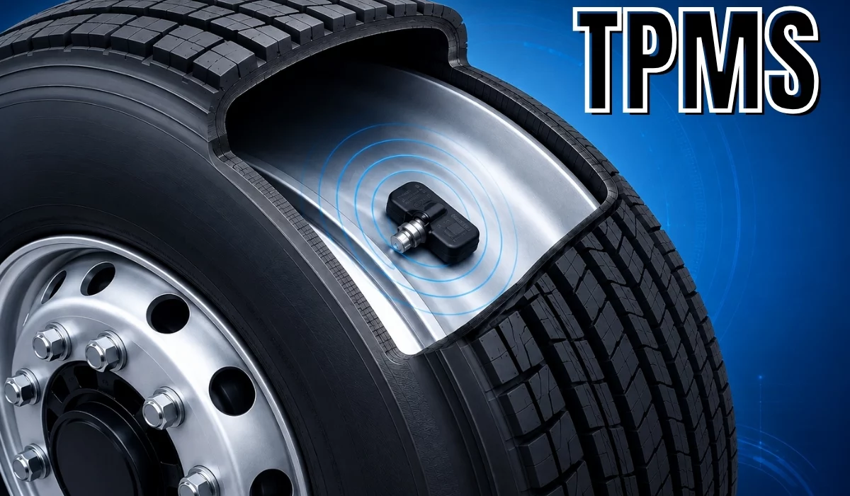 Przekrój opony ciężarowej z wewnętrznym czujnikiem TPMS monitorującym ciśnienie w oponie.