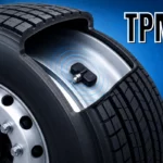 Przekrój opony ciężarowej z wewnętrznym czujnikiem TPMS monitorującym ciśnienie w oponie.