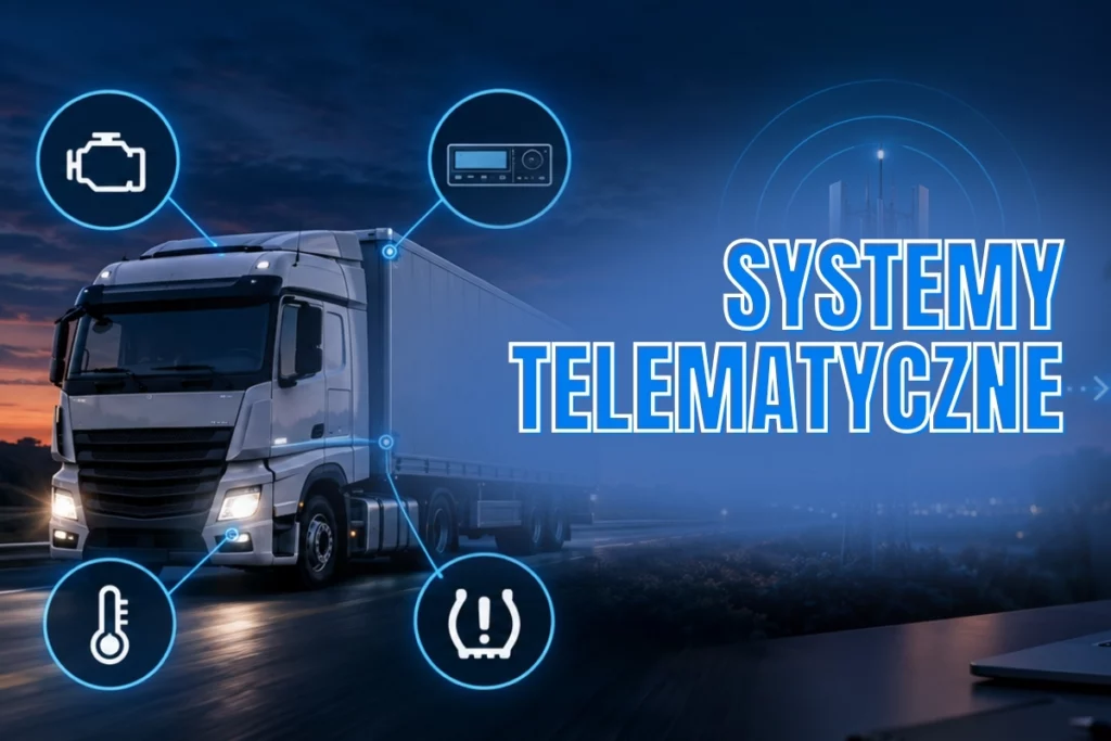 Laptop na biurku w nowoczesnym biurze z otwartym panelem ecoTRUCK i mapą Europy pokazującą lokalizacje pojazdów floty. W tle widoczny jest monitor, rośliny oraz zachód słońca za oknem.