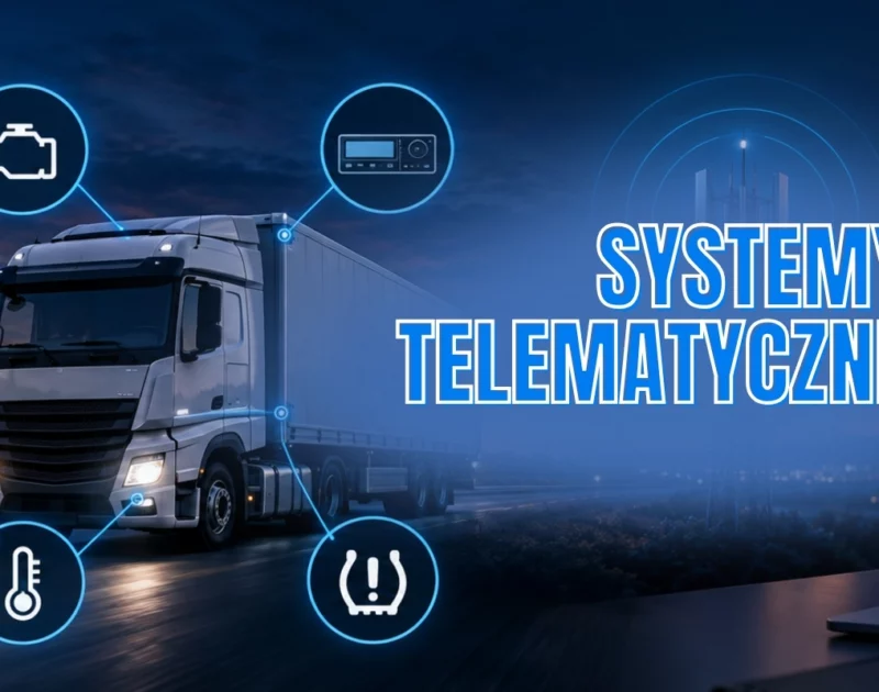 Laptop na biurku w nowoczesnym biurze z otwartym panelem ecoTRUCK i mapą Europy pokazującą lokalizacje pojazdów floty. W tle widoczny jest monitor, rośliny oraz zachód słońca za oknem.