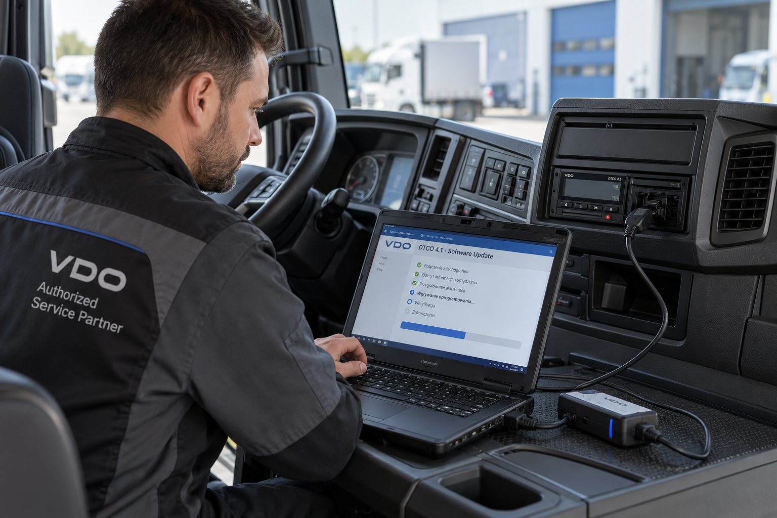 Technik serwisowy przeprowadza aktualizację oprogramowania tachografu VDO DTCO 4.1 za pomocą laptopa podłączonego do urządzenia w kabinie samochodu ciężarowego.