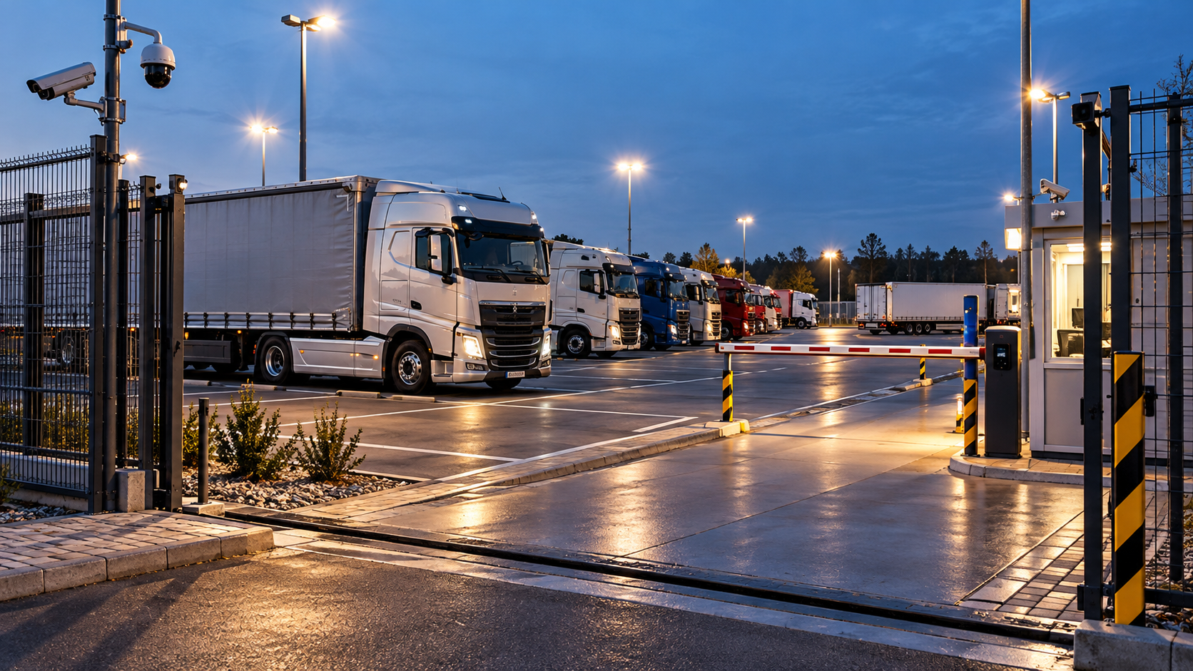 Strzeżony parking dla samochodów ciężarowych o zmierzchu. Na oświetlonym placu stoją zaparkowane ciężarówki, a przy wjeździe znajdują się kamery monitoringu, szlaban, ogrodzenie i budka ochrony.