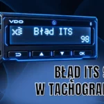 Futurystyczna grafika tachografu VDO DTCO 4.1 z komunikatem „Błąd ITS 98” na wyświetlaczu, podświetlonego niebieskim neonem, z napisem „Błąd ITS 98 w tachografie”.