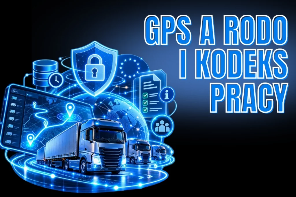 Grafika przedstawiająca monitoring GPS floty ciężarówek w kontekście RODO i Kodeksu pracy. Niebieskie neonowe ciężarówki, mapa tras GPS oraz holograficzna tarcza z kłódką symbolizują lokalizację pojazdów, bezpieczeństwo danych i ochronę prywatności kierowców.