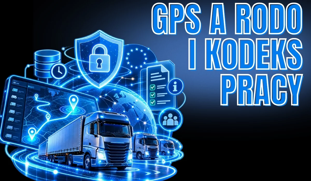 Grafika przedstawiająca monitoring GPS floty ciężarówek w kontekście RODO i Kodeksu pracy. Niebieskie neonowe ciężarówki, mapa tras GPS oraz holograficzna tarcza z kłódką symbolizują lokalizację pojazdów, bezpieczeństwo danych i ochronę prywatności kierowców.