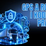 Grafika przedstawiająca monitoring GPS floty ciężarówek w kontekście RODO i Kodeksu pracy. Niebieskie neonowe ciężarówki, mapa tras GPS oraz holograficzna tarcza z kłódką symbolizują lokalizację pojazdów, bezpieczeństwo danych i ochronę prywatności kierowców.