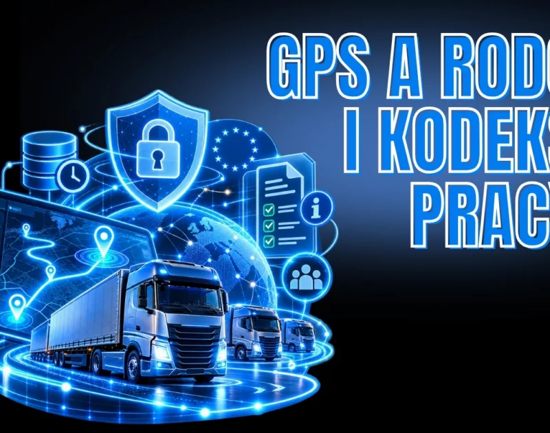 Grafika przedstawiająca monitoring GPS floty ciężarówek w kontekście RODO i Kodeksu pracy. Niebieskie neonowe ciężarówki, mapa tras GPS oraz holograficzna tarcza z kłódką symbolizują lokalizację pojazdów, bezpieczeństwo danych i ochronę prywatności kierowców.